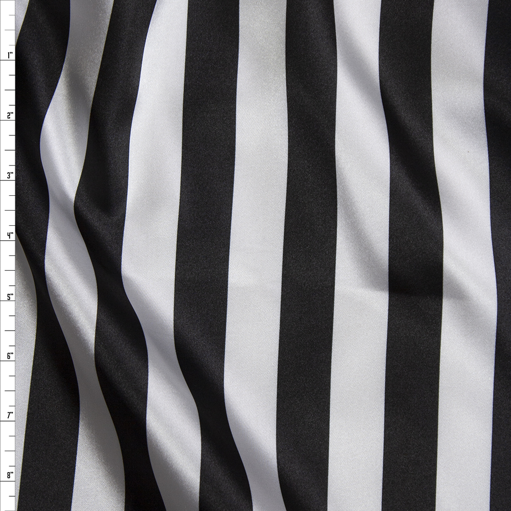 Black and White 1” Vertical Stripes Lightweight Satin Print Fabric By The Yard
