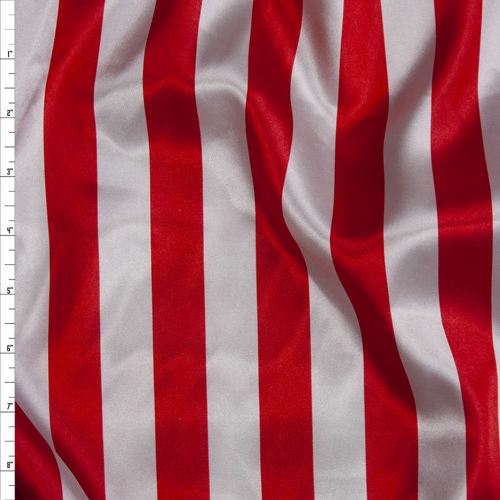 Red and White 1” Vertical Stripe Lightweight Satin Print Fabric By The Yard