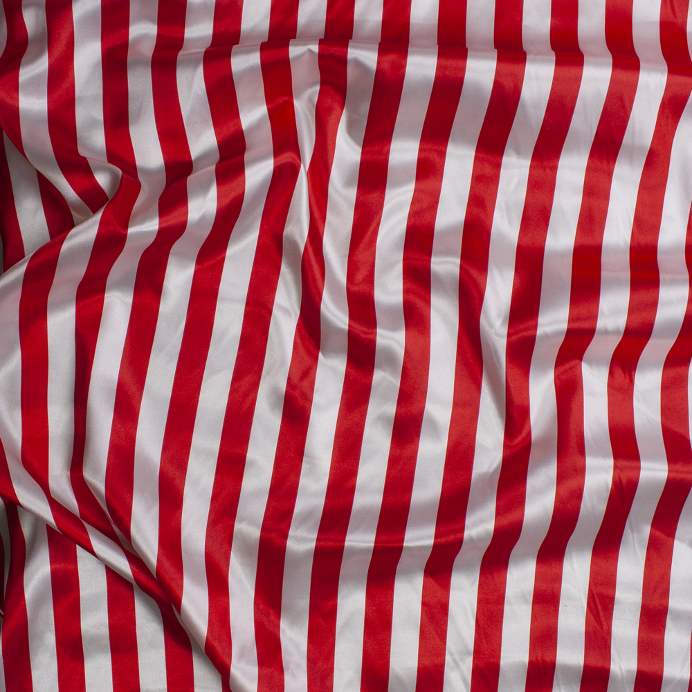Red and White 1” Vertical Stripe Lightweight Satin Print Fabric By The Yard - Wide shot