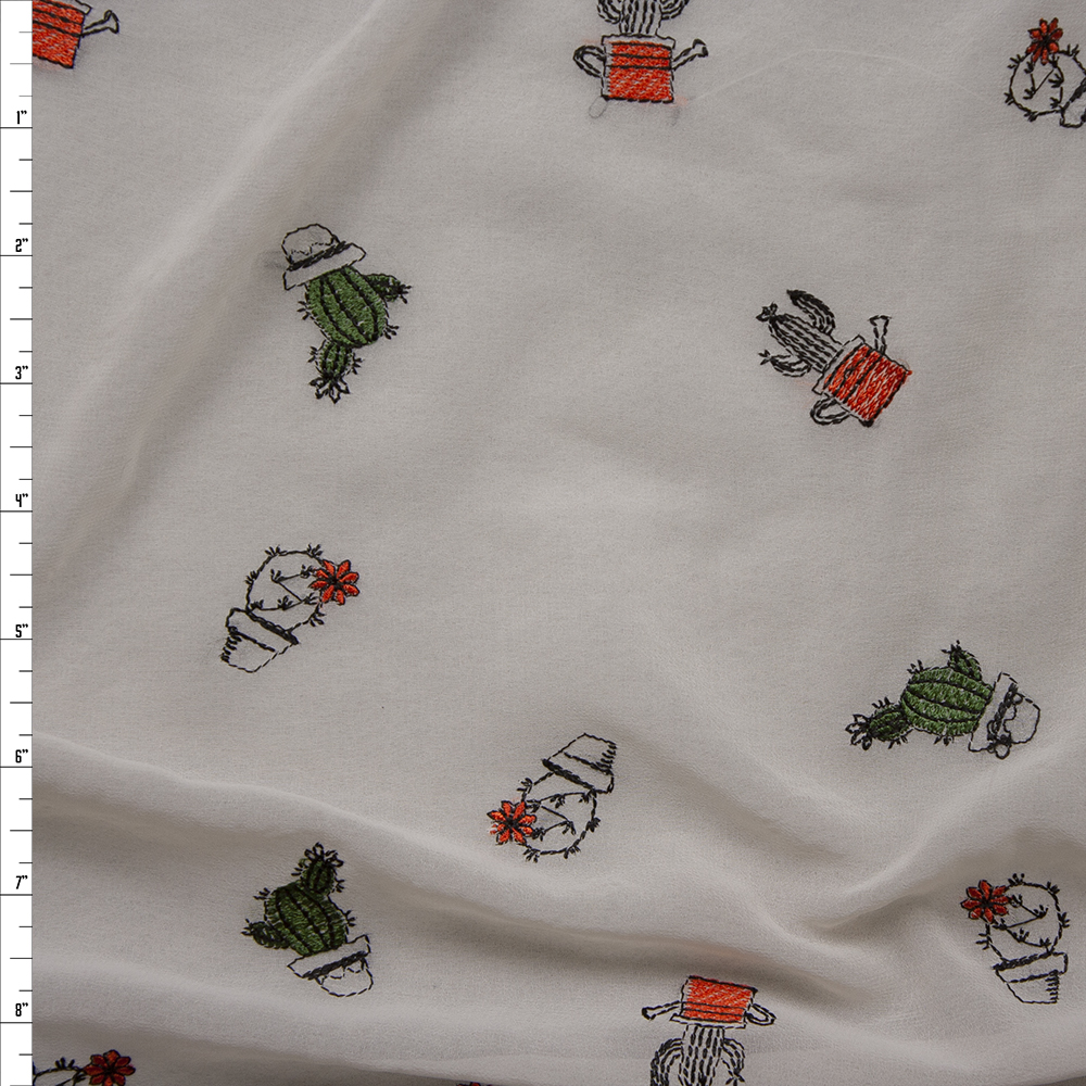 Green, Black, and Orange Tossed Potted Cacti on Offwhite Chiffon Fabric By The Yard