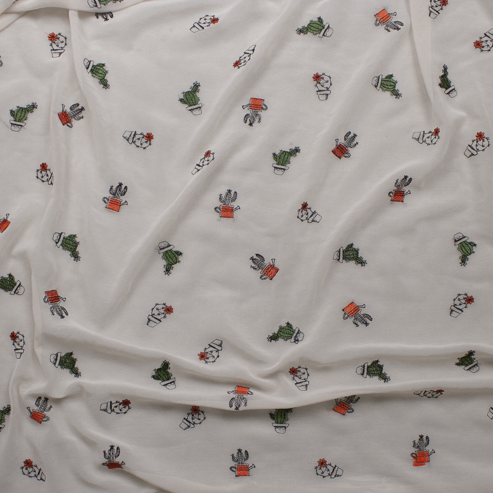 Green, Black, and Orange Tossed Potted Cacti on Offwhite Chiffon Fabric By The Yard - Wide shot