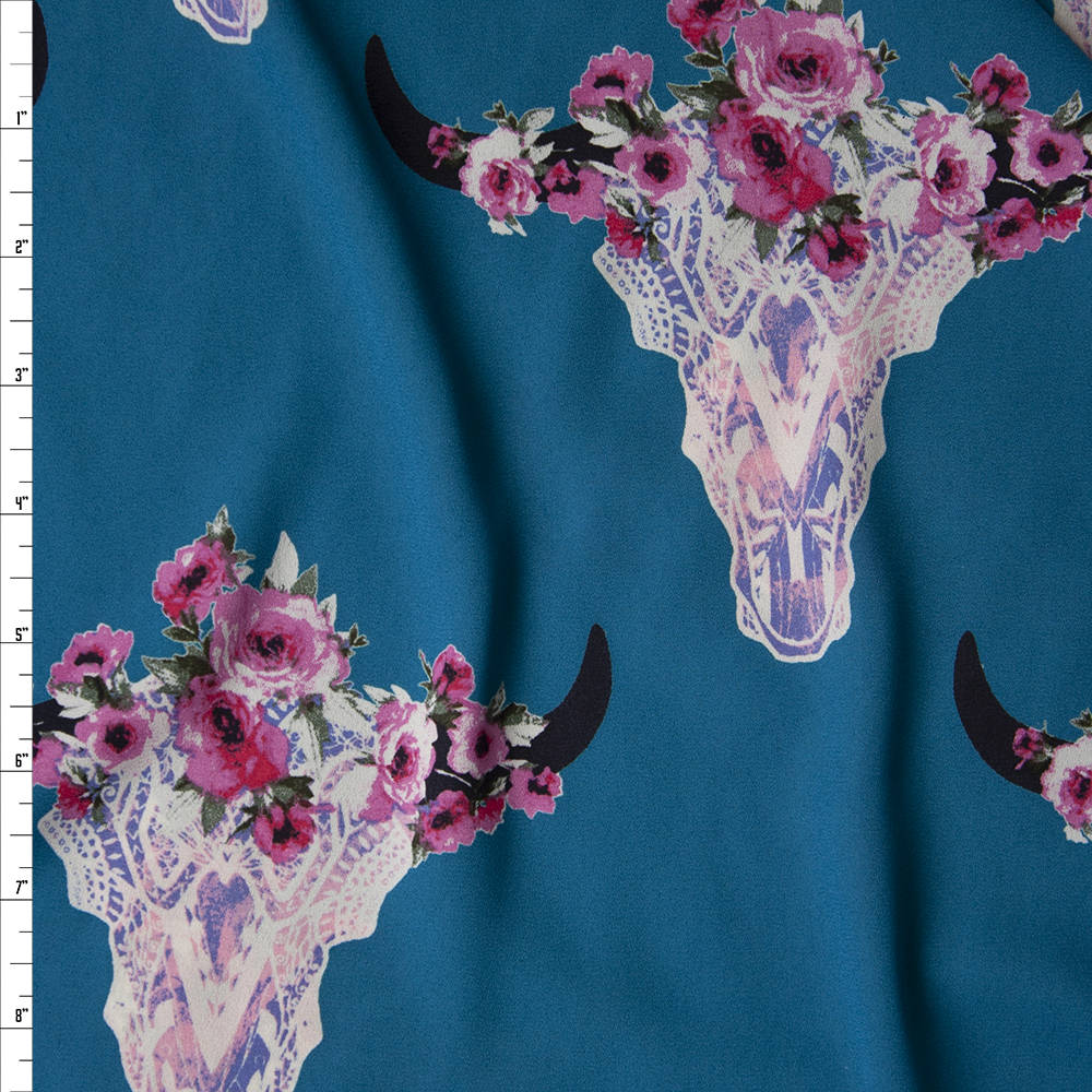 Ivory Lacey Cow Skulls with Pink Rose Crowns on Teal Georgette Fabric By The Yard