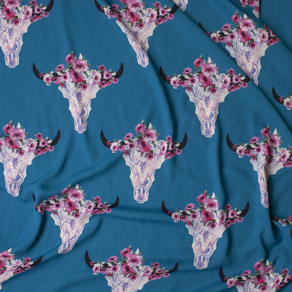 Ivory Lacey Cow Skulls with Pink Rose Crowns on Teal Georgette Fabric By The Yard - Wide shot