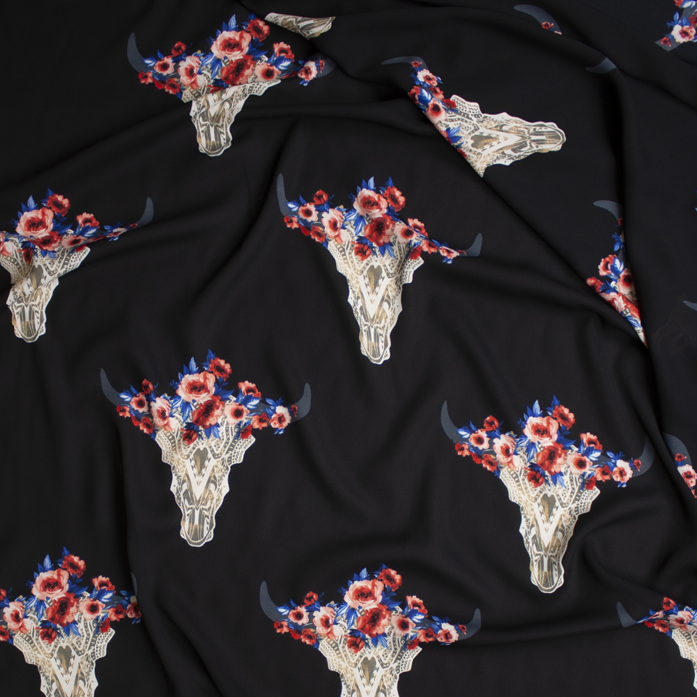 Ivory Lacey Cow Skulls with Hot Pink and Blue Rose Crowns on Black Georgette Fabric By The Yard - Wide shot