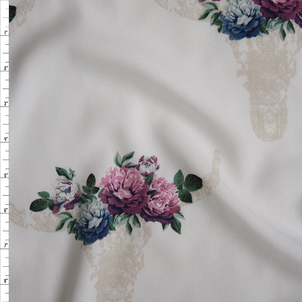Ivory Cow Skulls with Pink Rose Crowns on White Georgette Fabric By The Yard