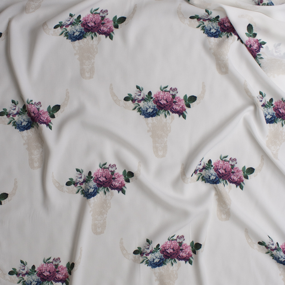 Ivory Cow Skulls with Pink Rose Crowns on White Georgette Fabric By The Yard - Wide shot