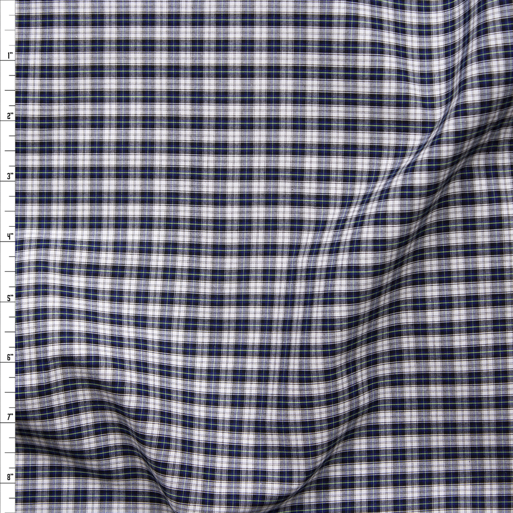 Navy, White, and Yellow Plaid Fine Cotton Shirting Fabric By The Yard