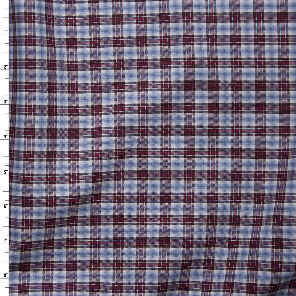Light Blue, Burgundy, Red, and White Plaid Fine Cotton Shirting Fabric By The Yard