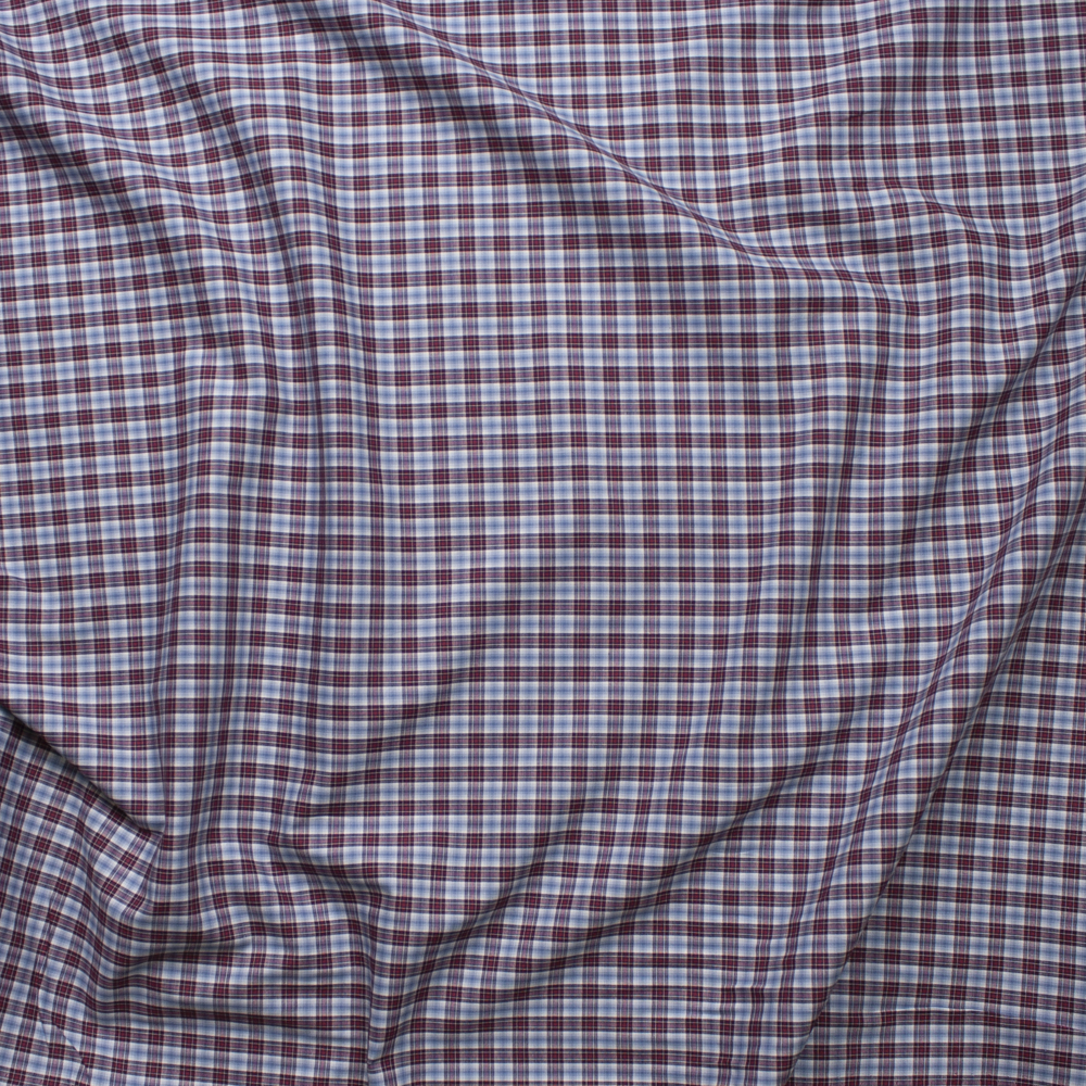Light Blue, Burgundy, Red, and White Plaid Fine Cotton Shirting Fabric By The Yard - Wide shot