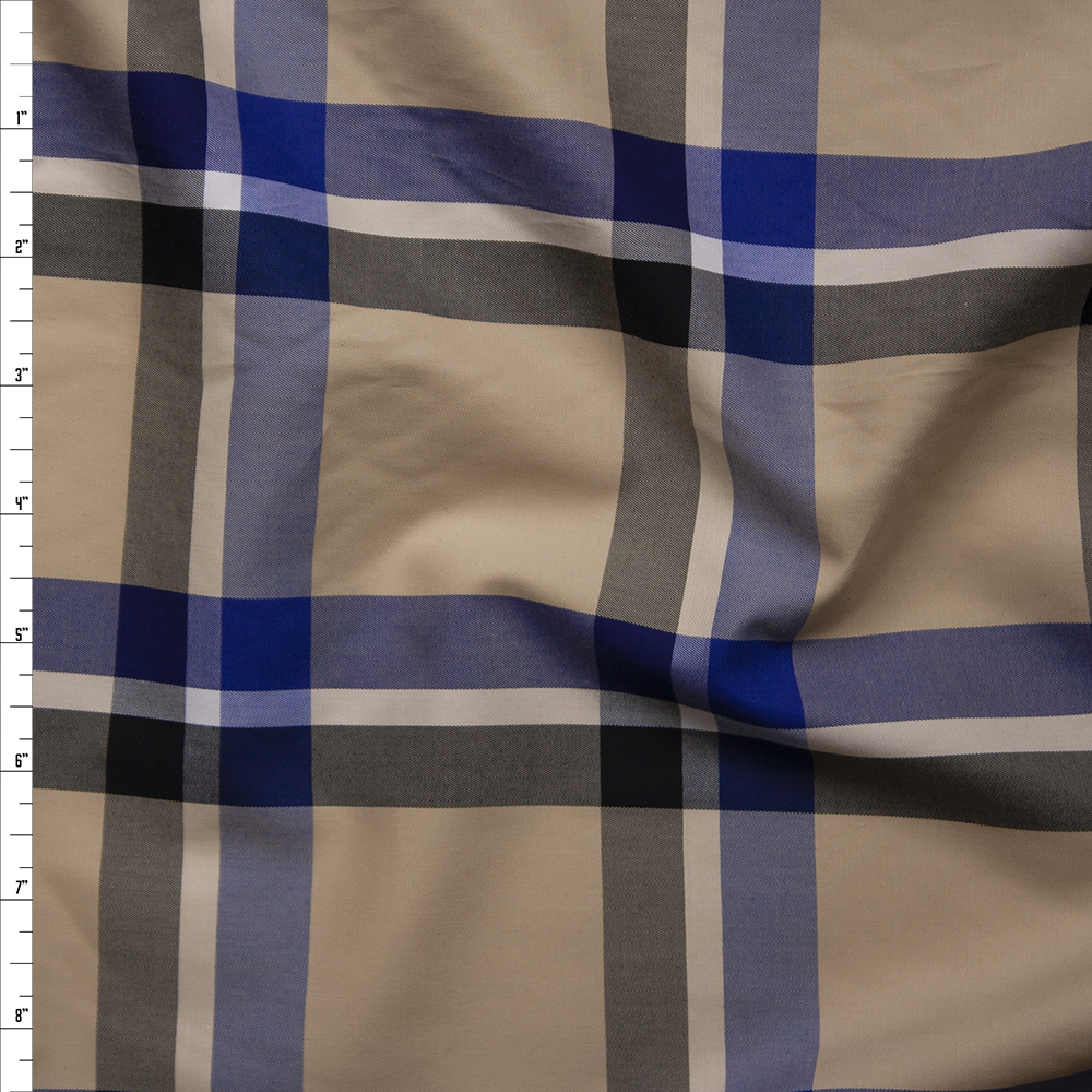 Tan, Black, and Royal Blue Plaid Fine Cotton Shirting Fabric By The Yard