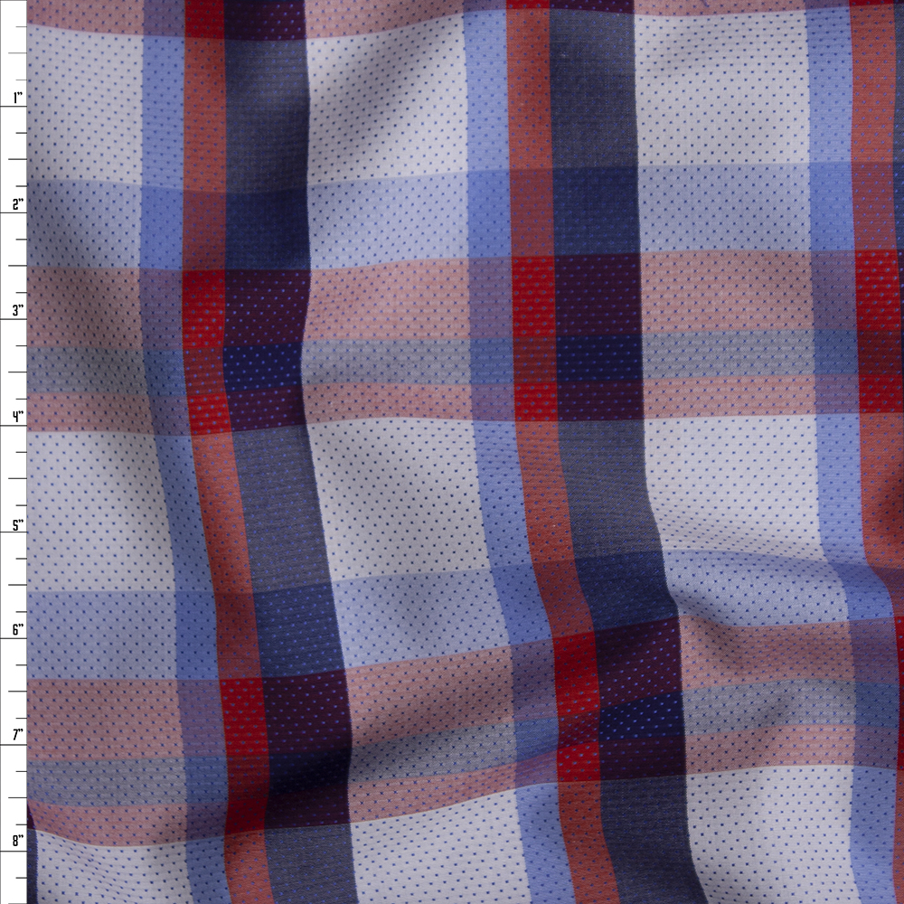 Red, White, and Blue Plaid Fine Cotton Shirting with Embroidered Navy Dots Fabric By The Yard