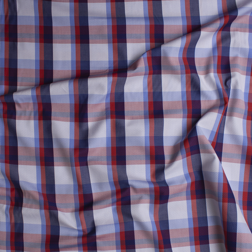 Red, White, and Blue Plaid Fine Cotton Shirting with Embroidered Navy Dots Fabric By The Yard - Wide shot