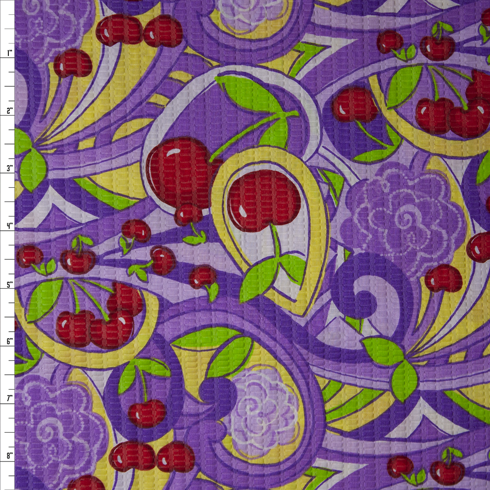 Red Cherries and Purple and Yellow Swirls ‘Tutti Frutti’ Plissé Fabric By The Yard