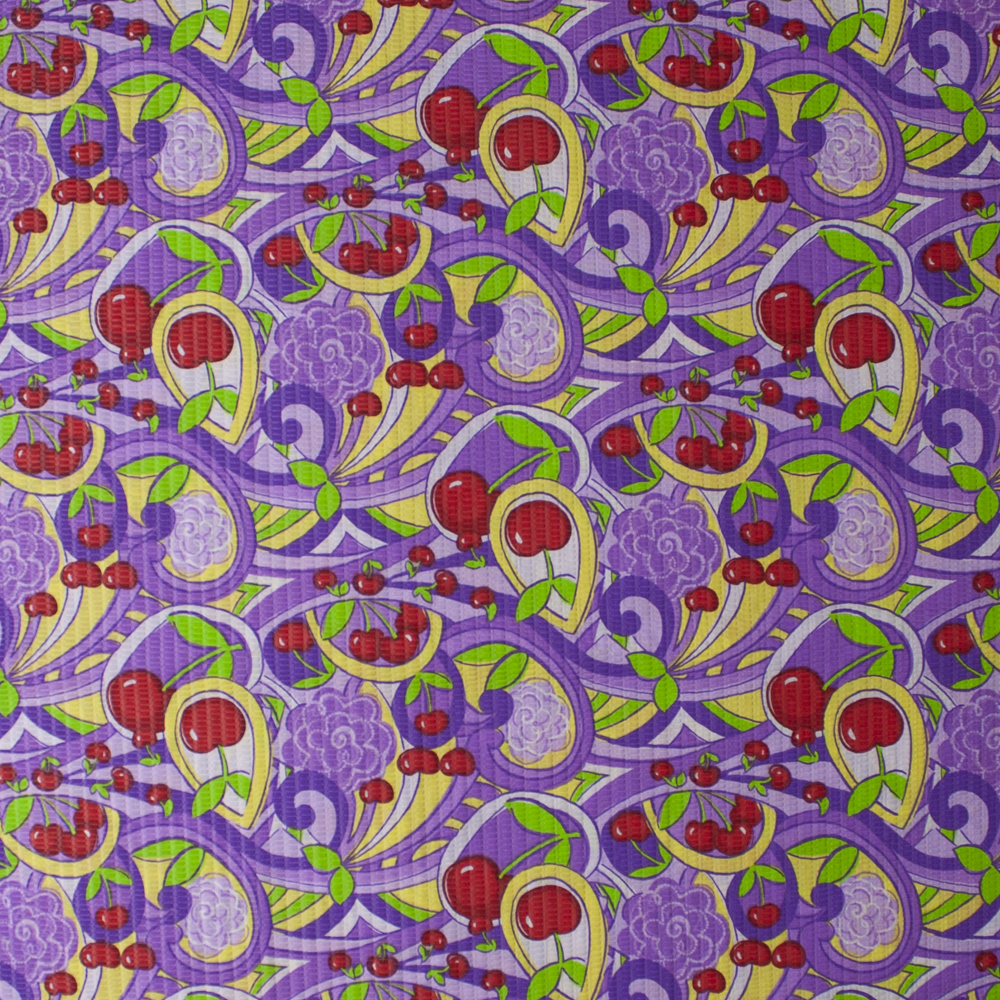 Red Cherries and Purple and Yellow Swirls ‘Tutti Frutti’ Plissé Fabric By The Yard - Wide shot