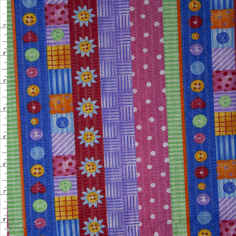 Buttons and Flowers Patterned Stripe ‘Tutti Frutti’ Plissé Fabric By The Yard