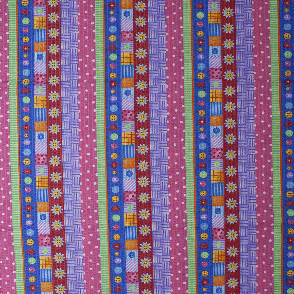 Buttons and Flowers Patterned Stripe ‘Tutti Frutti’ Plissé Fabric By The Yard - Wide shot