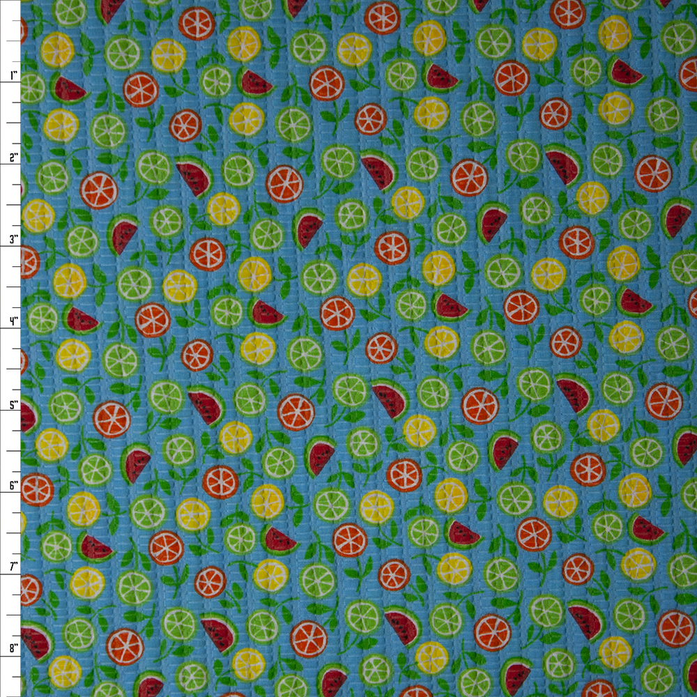 Tiny Watermelon Slices and Citrus on Bright Teal ‘Tutti Frutti’ Plissé Fabric By The Yard