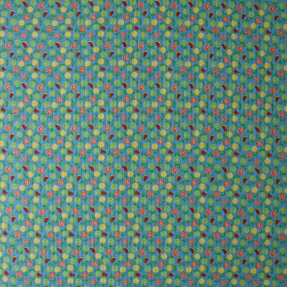 Tiny Watermelon Slices and Citrus on Bright Teal ‘Tutti Frutti’ Plissé Fabric By The Yard - Wide shot