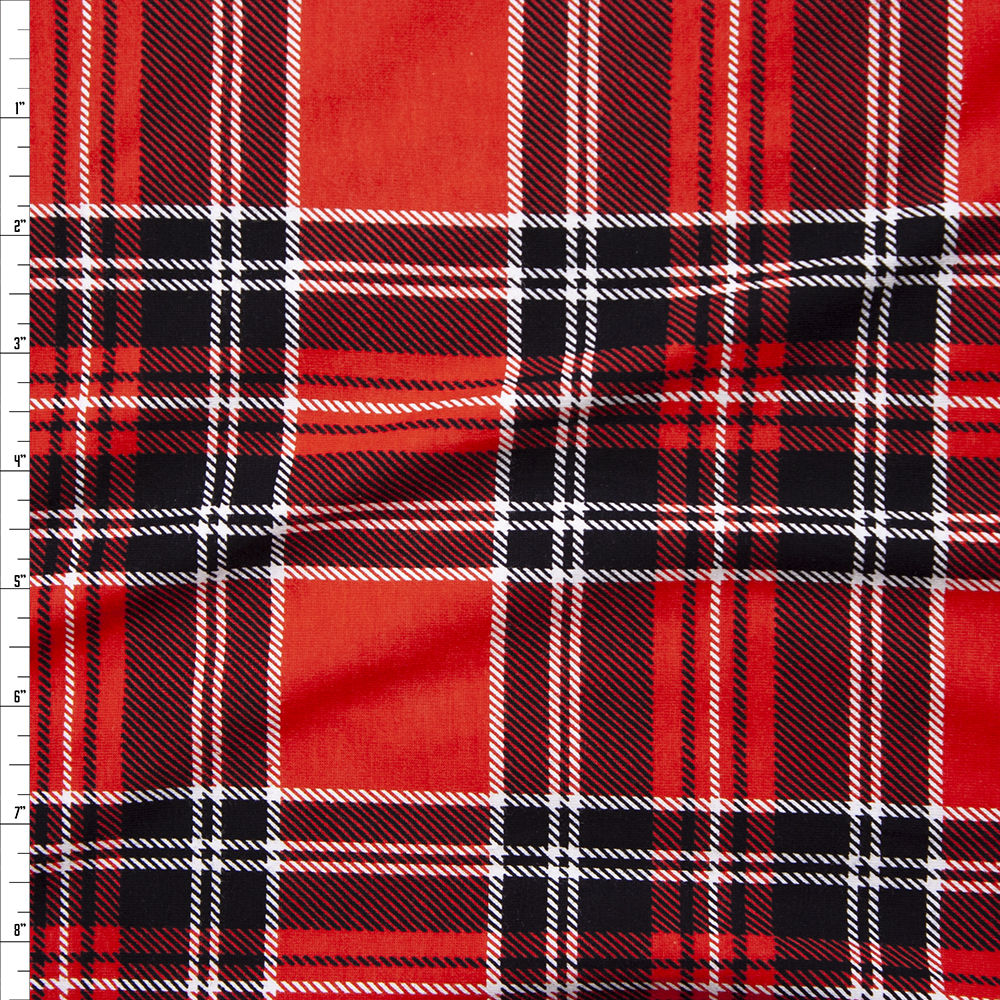 Bright Red and Black Plaid Stretch Cotton Jersey Knit Fabric By The Yard