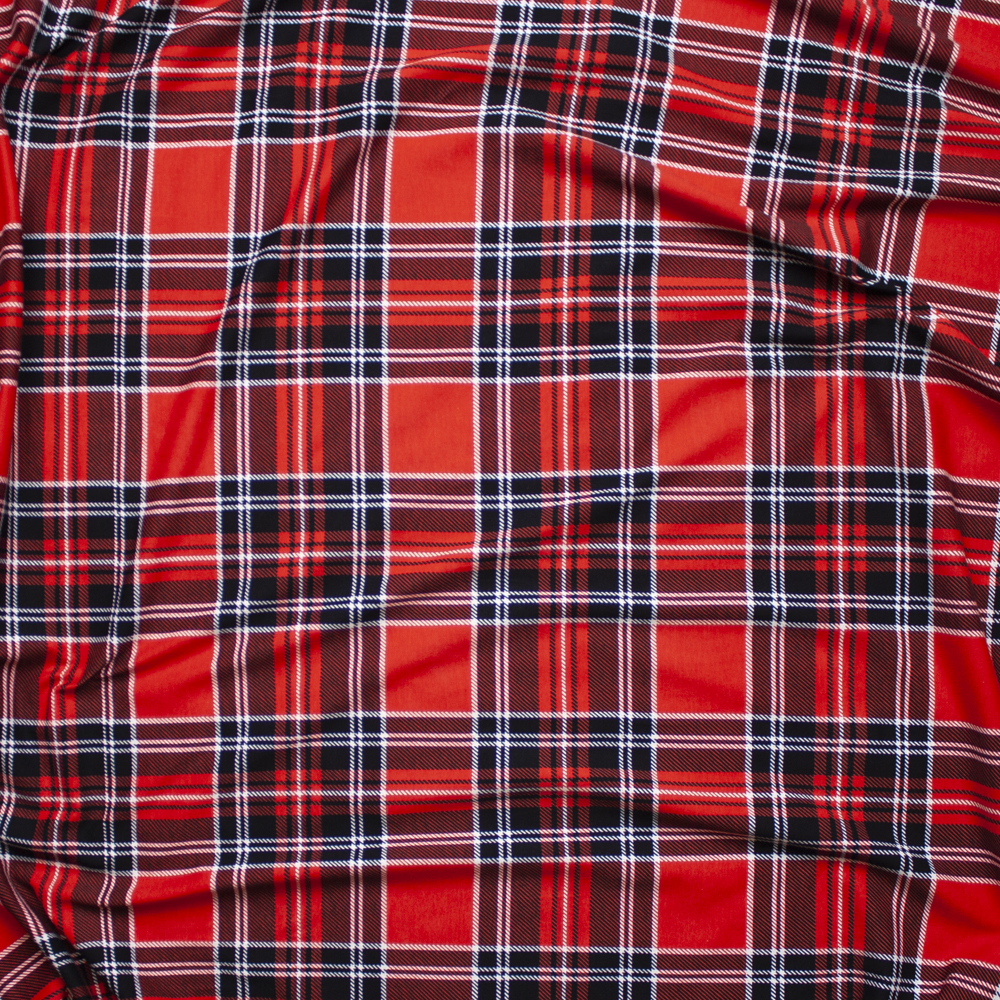 Bright Red and Black Plaid Stretch Cotton Jersey Knit Fabric By The Yard - Wide shot