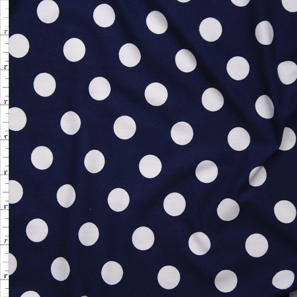 White on Navy Polka Dots Double Brushed Poly/Spandex Knit Fabric By The Yard