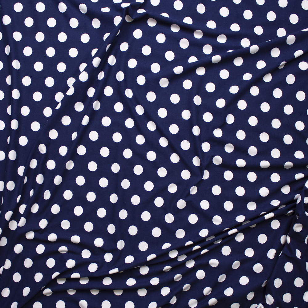 White on Navy Polka Dots Double Brushed Poly/Spandex Knit Fabric By The Yard - Wide shot