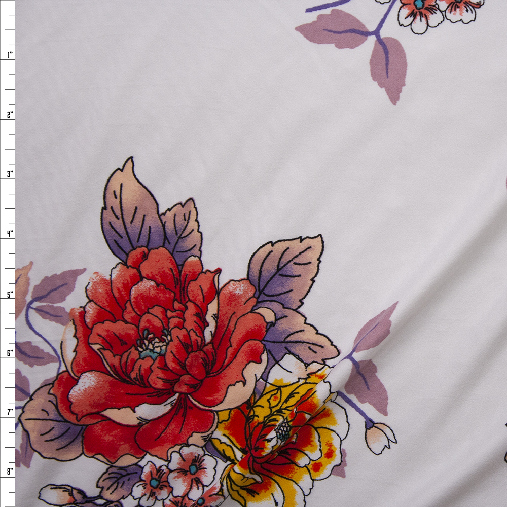 Red Orange, Orange, and Mauve Comic Book Floral on White Double Brushed Poly/Spandex Knit Fabric By The Yard