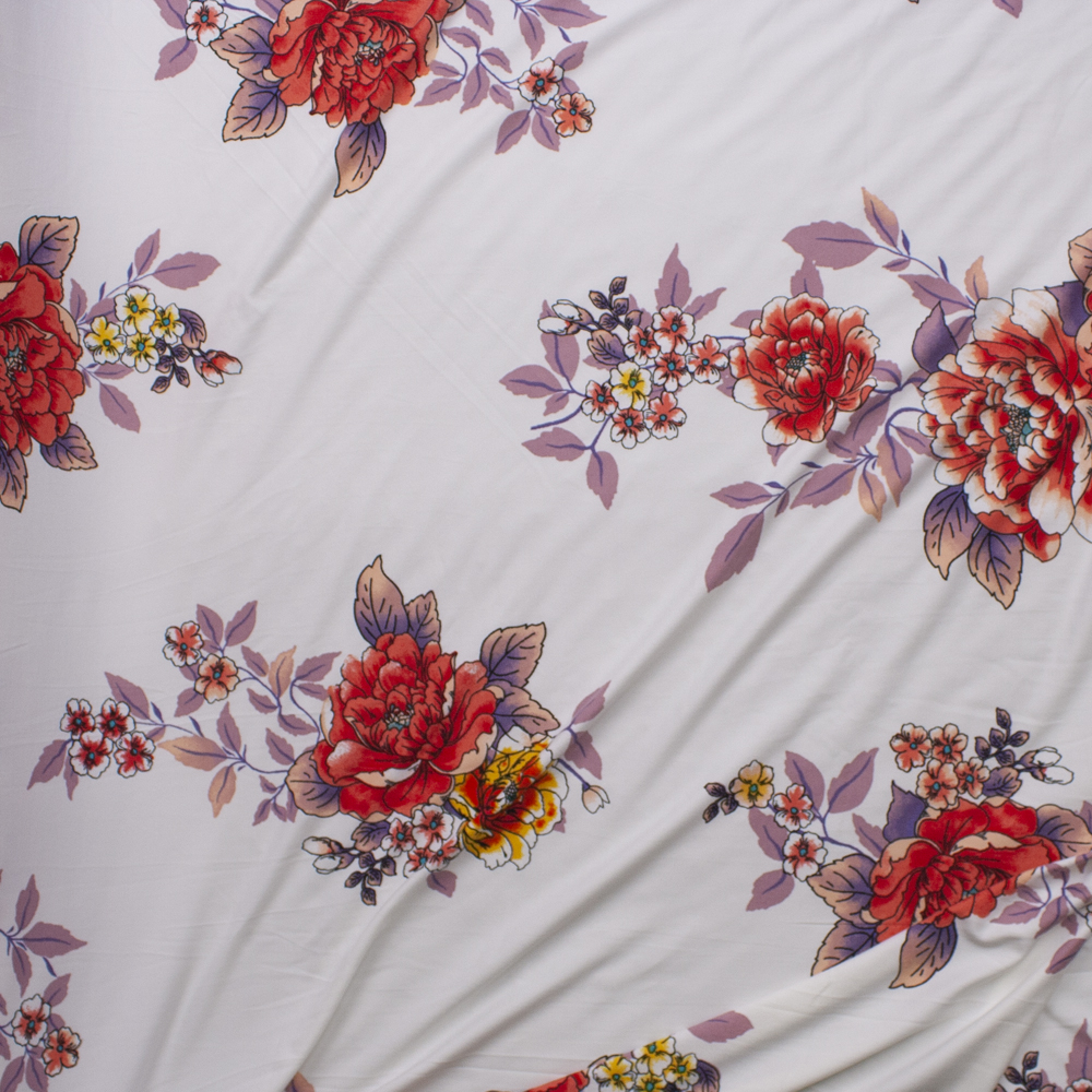 Red Orange, Orange, and Mauve Comic Book Floral on White Double Brushed Poly/Spandex Knit Fabric By The Yard - Wide shot