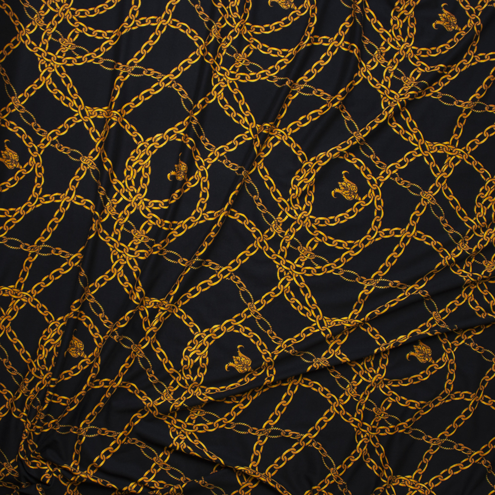 Gold Chains on Black Double Brushed Poly/Spandex Knit Fabric By The Yard - Wide shot