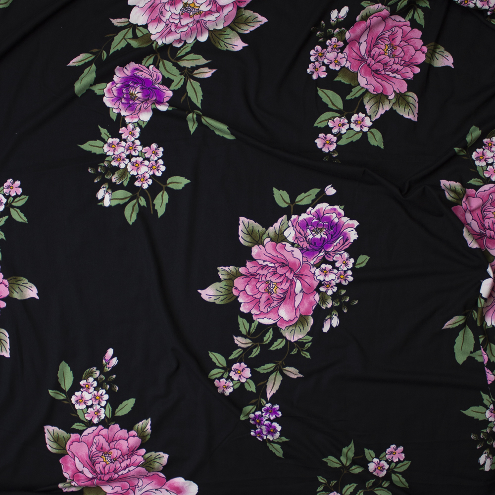 Pink, Lilac, and Sage Comic Book Floral on Black Double Brushed Poly/Spandex Knit Fabric By The Yard - Wide shot