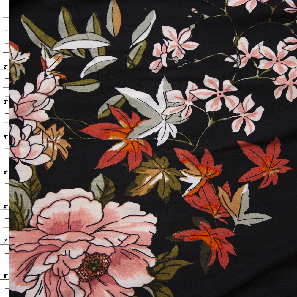 Peach, Rust, Olive, and Sage Comic Book Leaves and Flowers on Black Double Brushed Poly/Spandex Knit Fabric By The Yard
