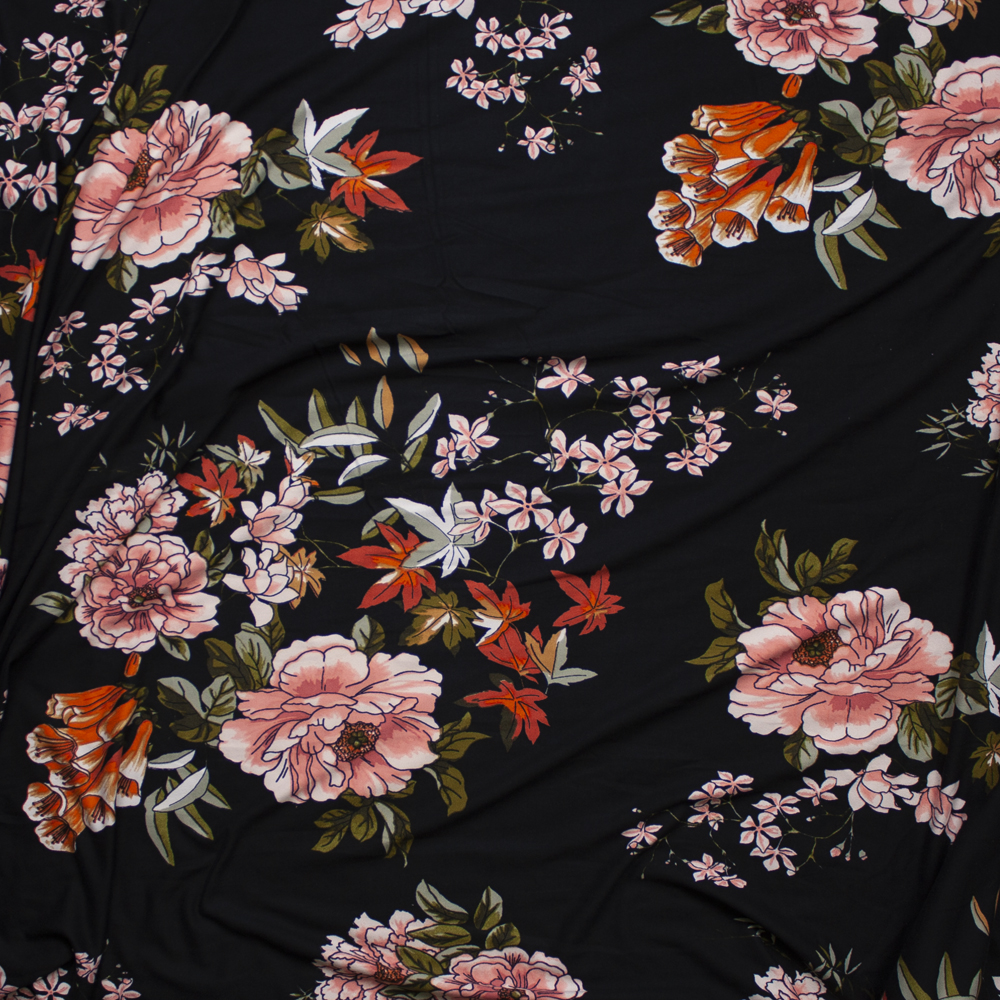 Peach, Rust, Olive, and Sage Comic Book Leaves and Flowers on Black Double Brushed Poly/Spandex Knit Fabric By The Yard - Wide shot