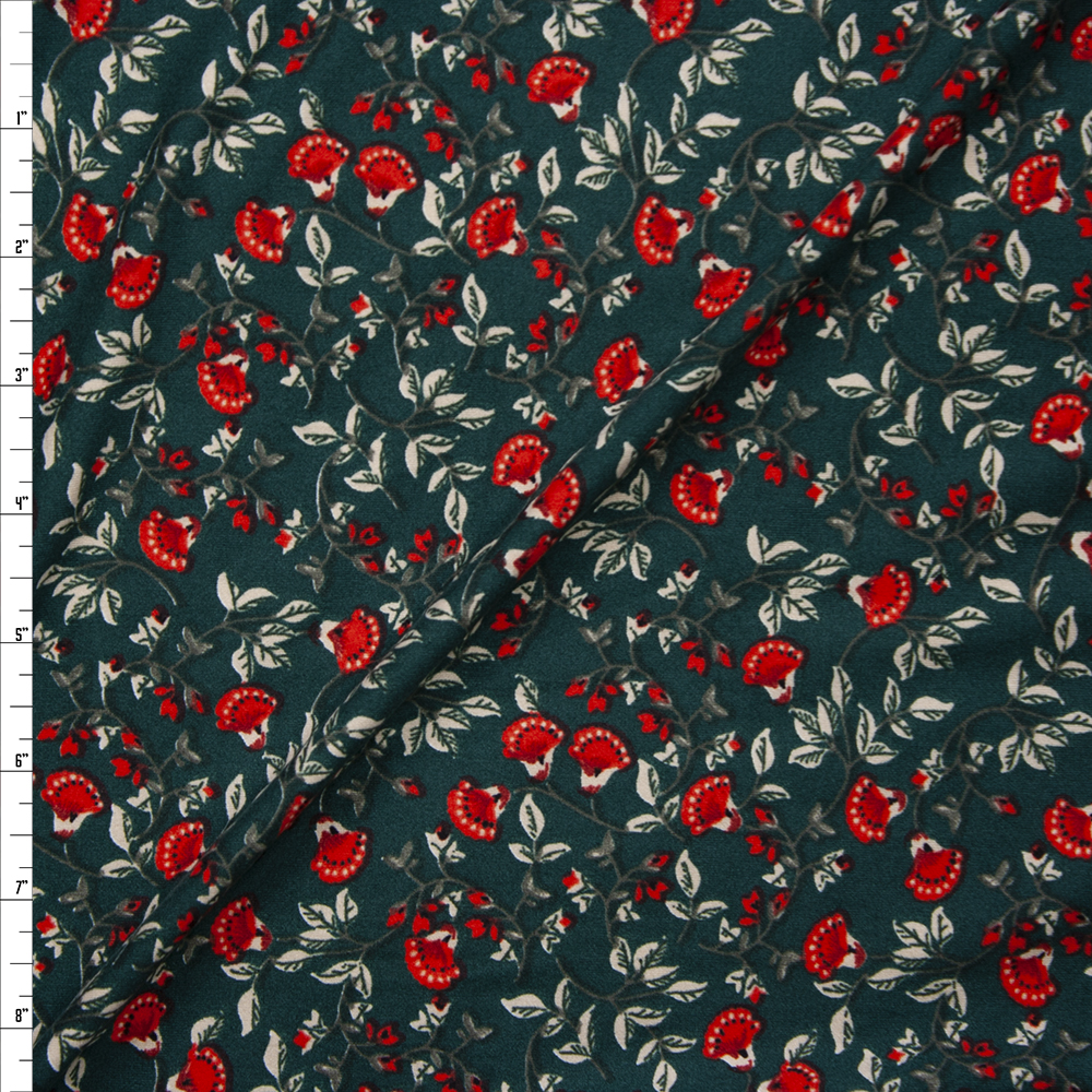 Red and White Ornate Floral on Emerald Green Double Brushed Poly/Spandex Knit Fabric By The Yard