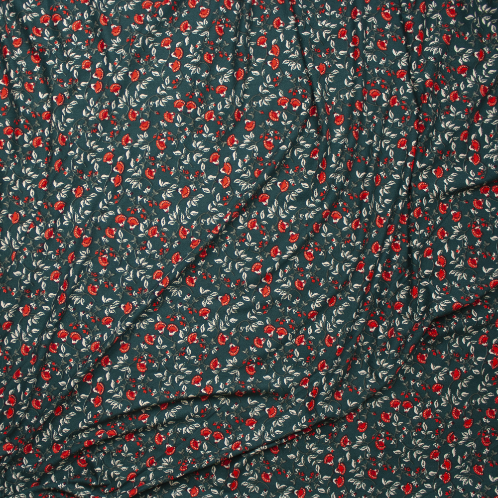 Red and White Ornate Floral on Emerald Green Double Brushed Poly/Spandex Knit Fabric By The Yard - Wide shot