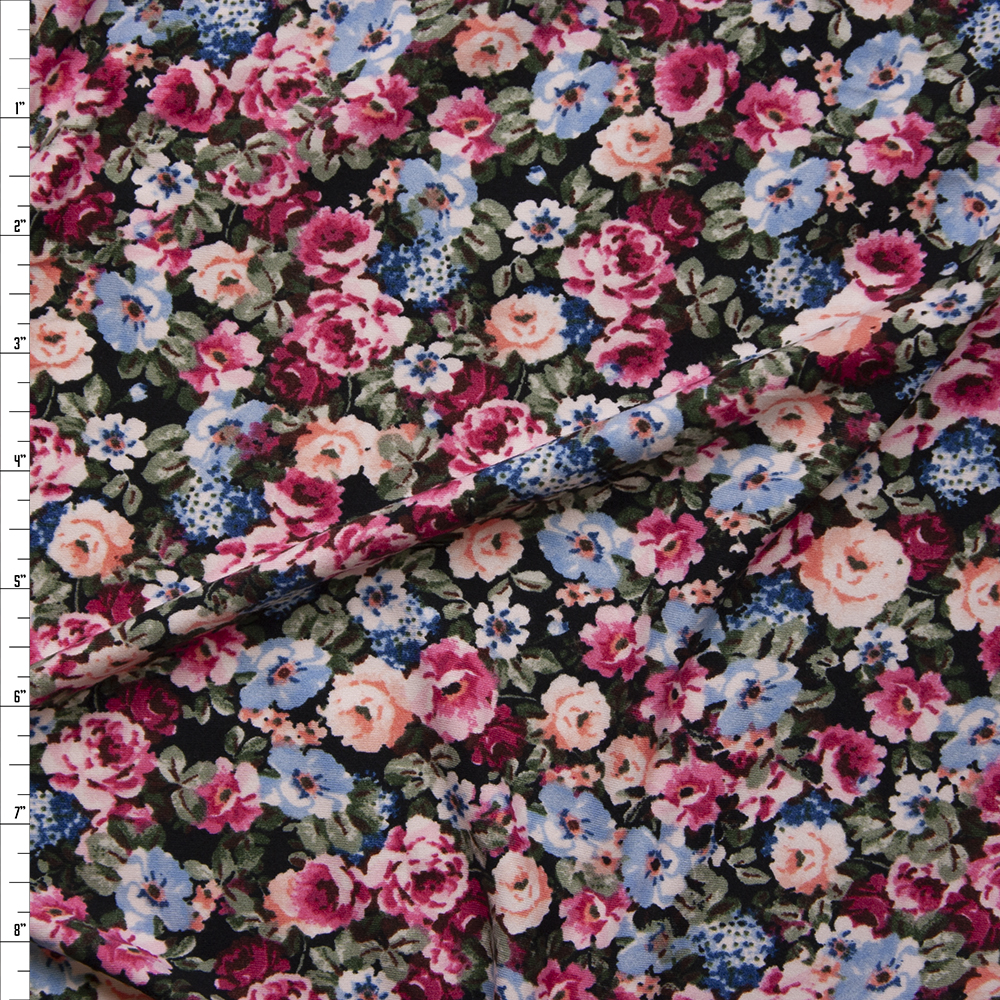 Peach, Pink, Light Blue, and Sage Garden Floral Double Brushed Poly/Spandex Knit Fabric By The Yard