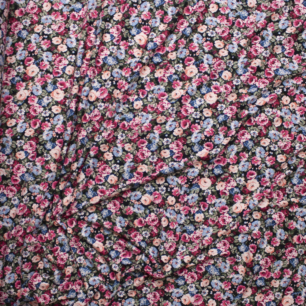 Peach, Pink, Light Blue, and Sage Garden Floral Double Brushed Poly/Spandex Knit Fabric By The Yard - Wide shot