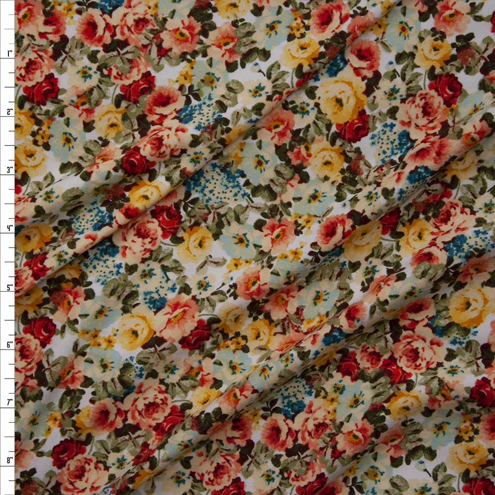 Orange, Aqua, Ivory, and Yellow Garden Floral Double Brushed Poly/Spandex Knit Fabric By The Yard