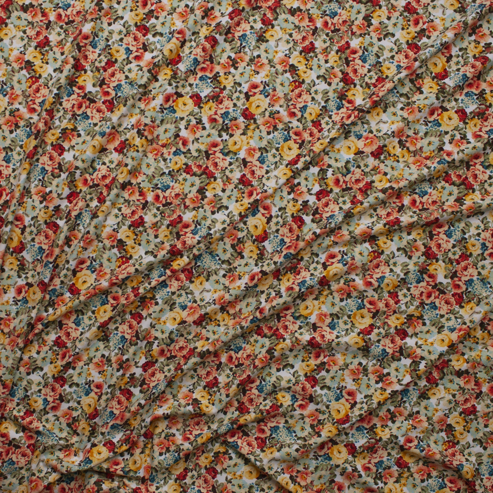 Orange, Aqua, Ivory, and Yellow Garden Floral Double Brushed Poly/Spandex Knit Fabric By The Yard - Wide shot