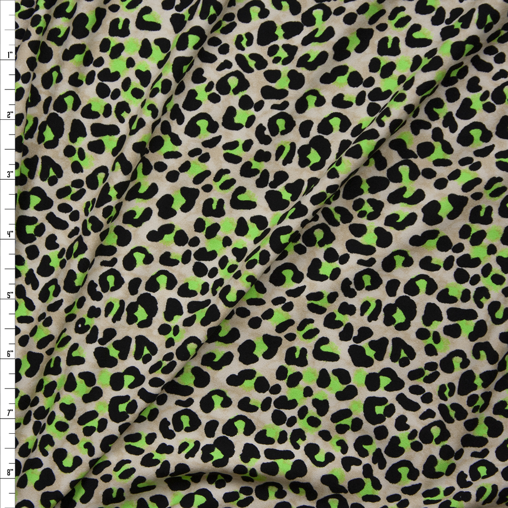 Black, Neon Green, and Offwhite Modern Cheetah Print Double Brushed Poly/Spandex Knit Fabric By The Yard