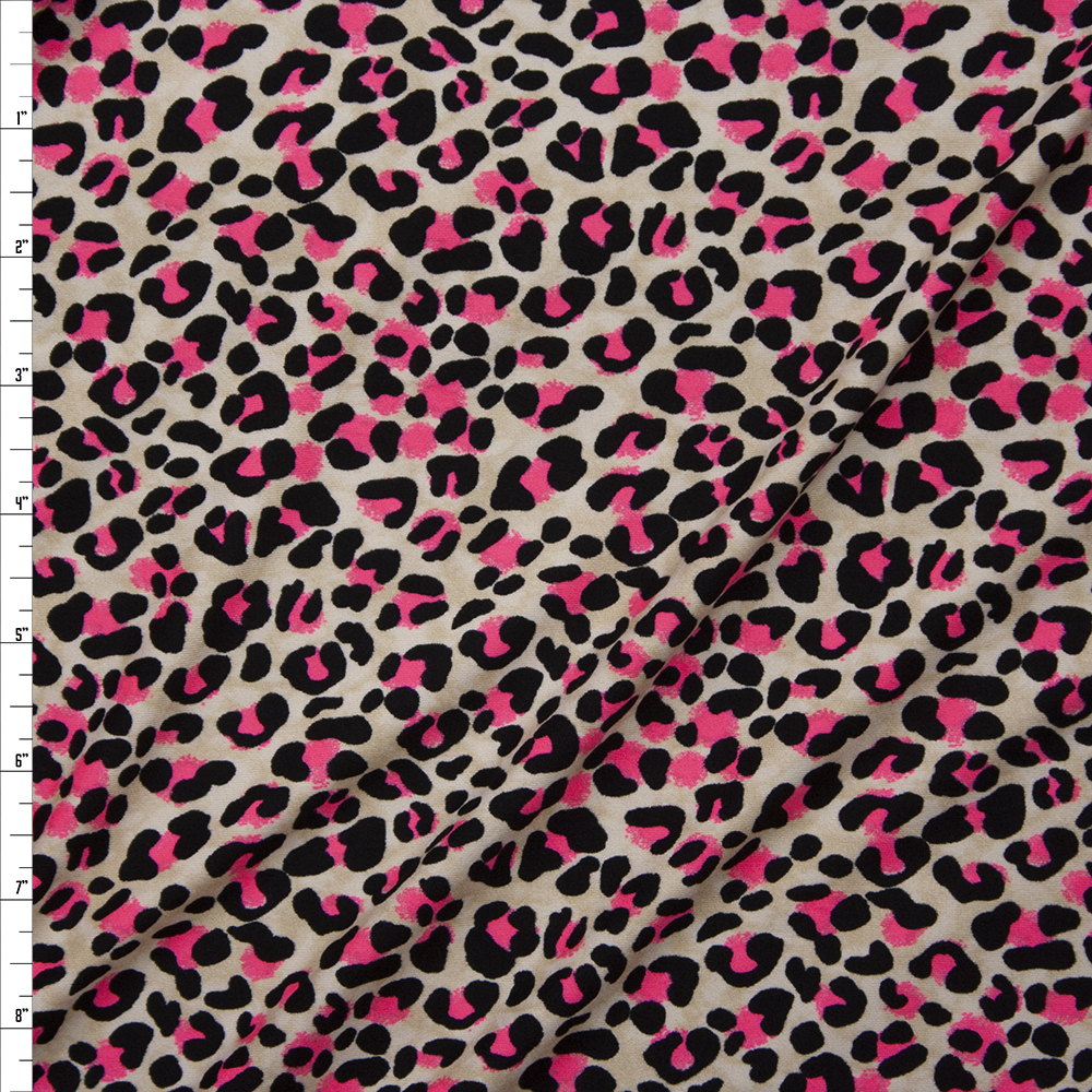 Black, Neon Pink, and Offwhite Modern Cheetah Print Double Brushed Poly/Spandex Knit Fabric By The Yard