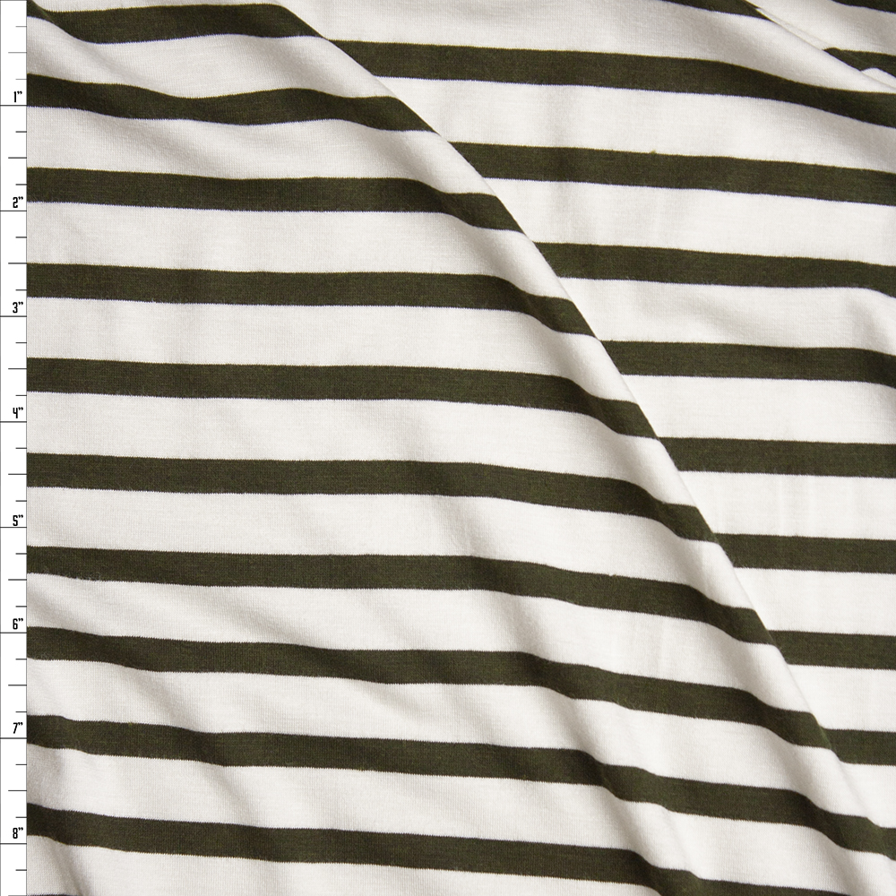 Olive on Offwhite Pencil Stripe Stretch Modal Jersey Knit Fabric By The Yard
