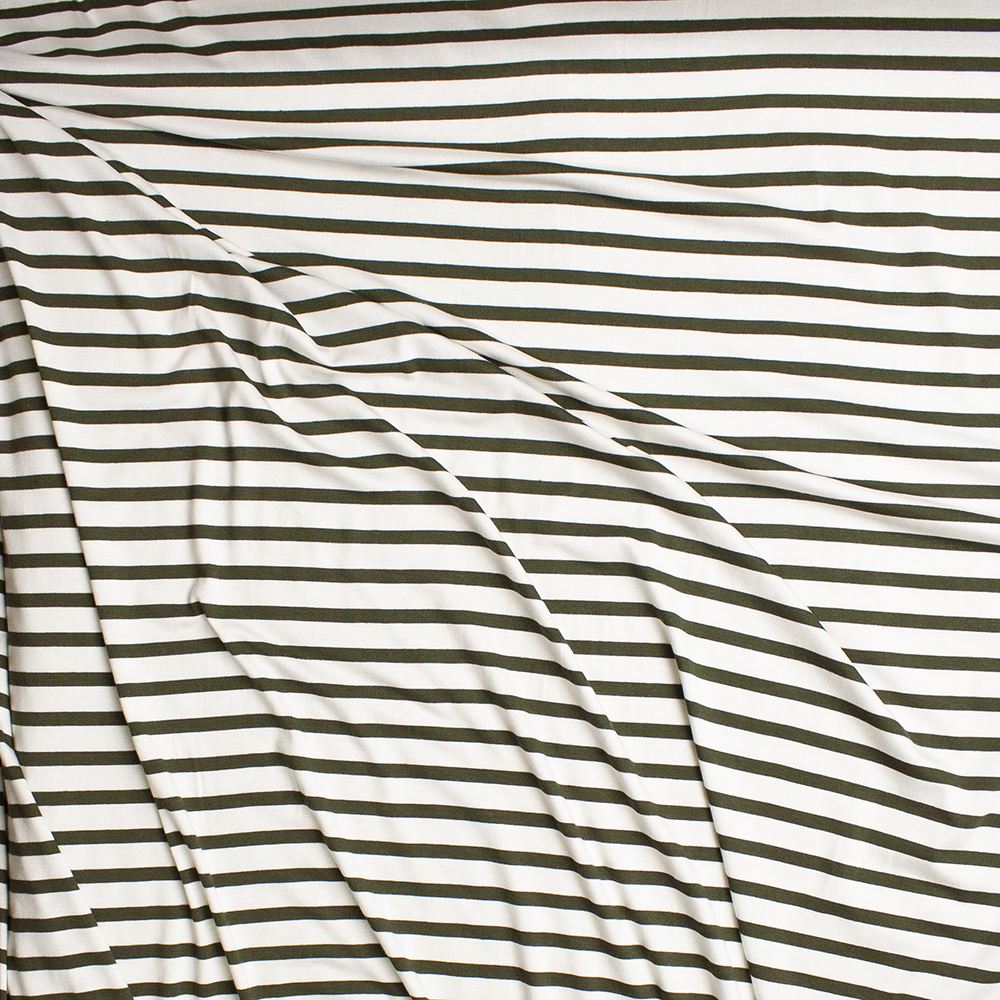 Olive on Offwhite Pencil Stripe Stretch Modal Jersey Knit Fabric By The Yard - Wide shot