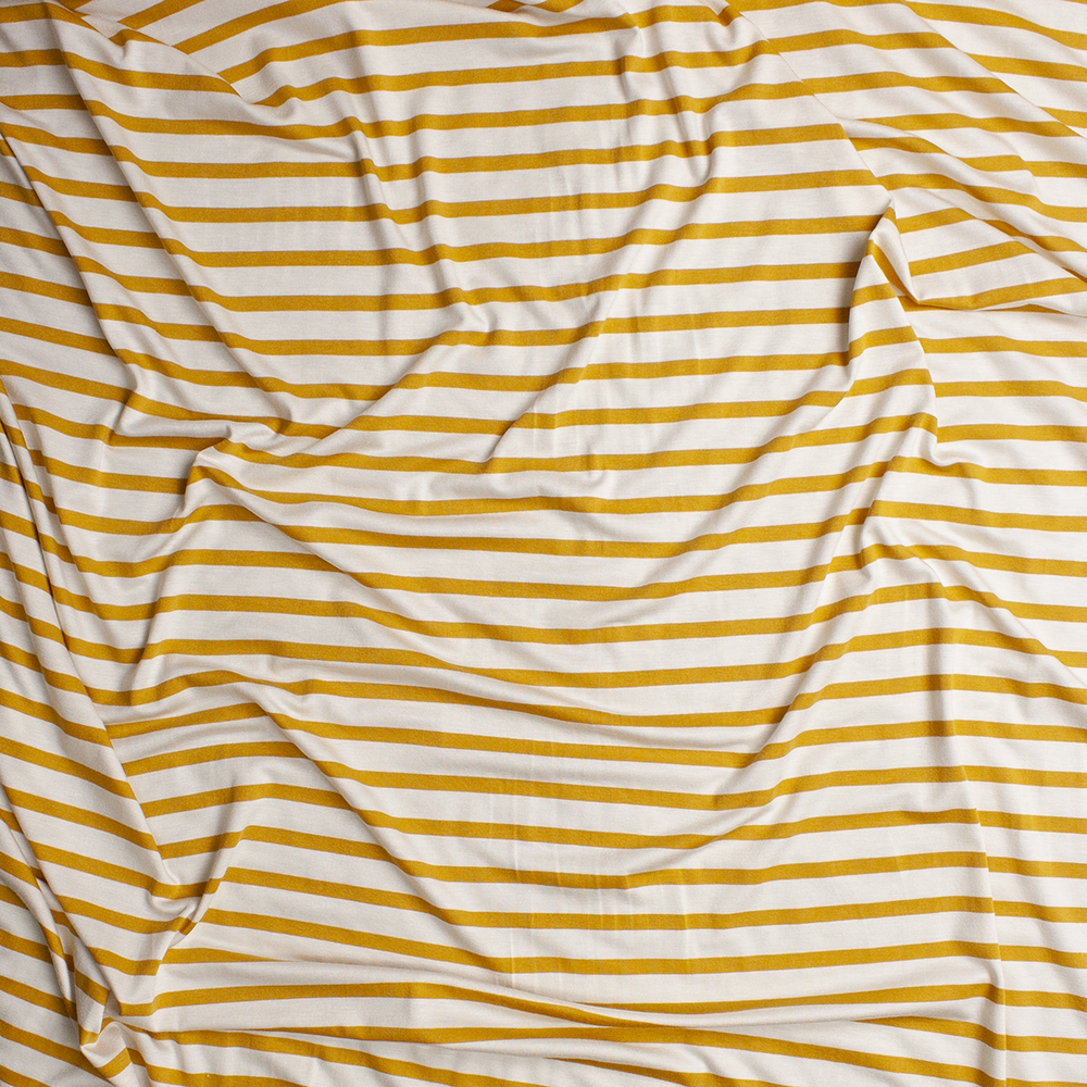 Mustard on Offwhite Pencil Stripe Stretch Modal Jersey Knit Fabric By The Yard - Wide shot