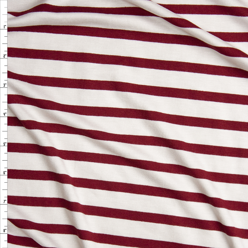 Deep Red on Offwhite Pencil Stripe Stretch Modal Jersey Knit Fabric By The Yard