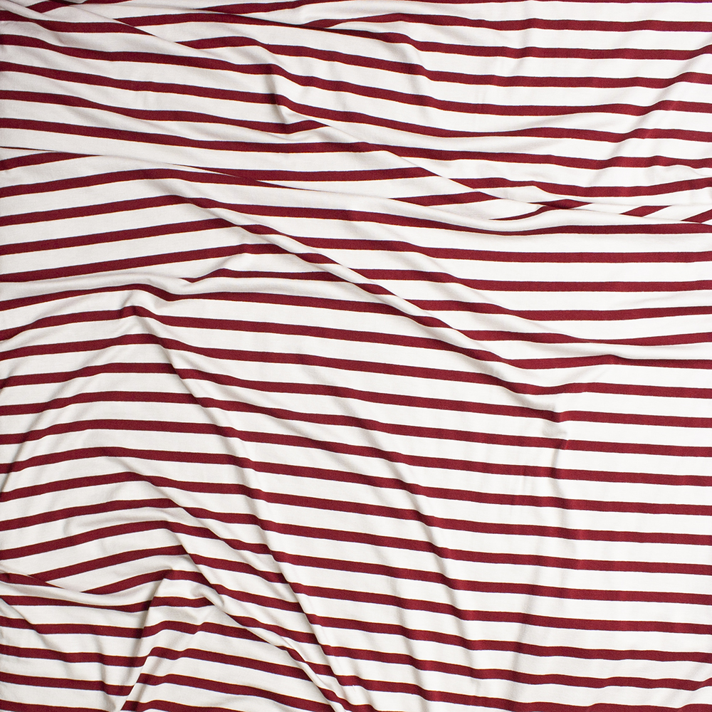 Deep Red on Offwhite Pencil Stripe Stretch Modal Jersey Knit Fabric By The Yard - Wide shot