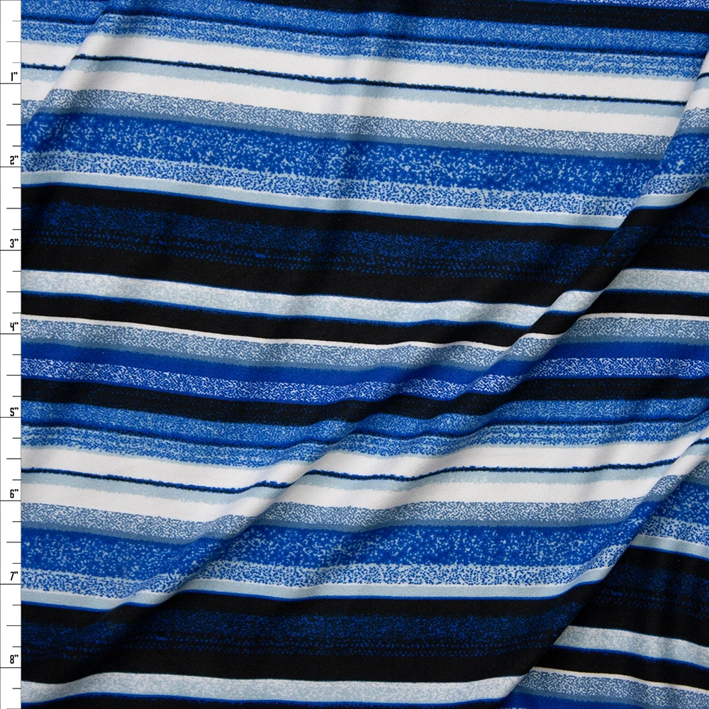 Black, Blues, and White Denim Look Barcode Stripe Double Brushed Poly Spandex Knit Fabric By The Yard