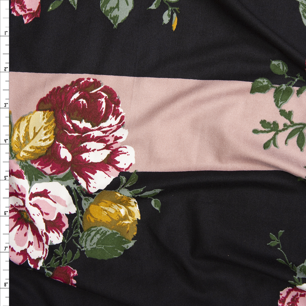 Red, Gold, and Green Rose Floral on Black and Blush Wide Stripe Background Double Brushed Poly Spandex Knit Fabric By The Yard