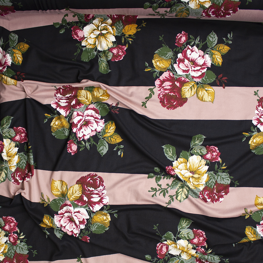 Red, Gold, and Green Rose Floral on Black and Blush Wide Stripe Background Double Brushed Poly Spandex Knit Fabric By The Yard - Wide shot