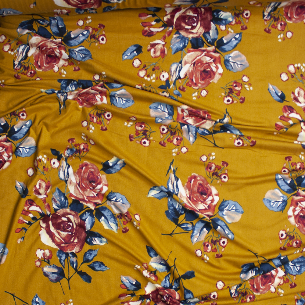 Pink and Teal Watercolor Rose Floral on Mustard Double Brushed Poly Spandex Knit Fabric By The Yard - Wide shot