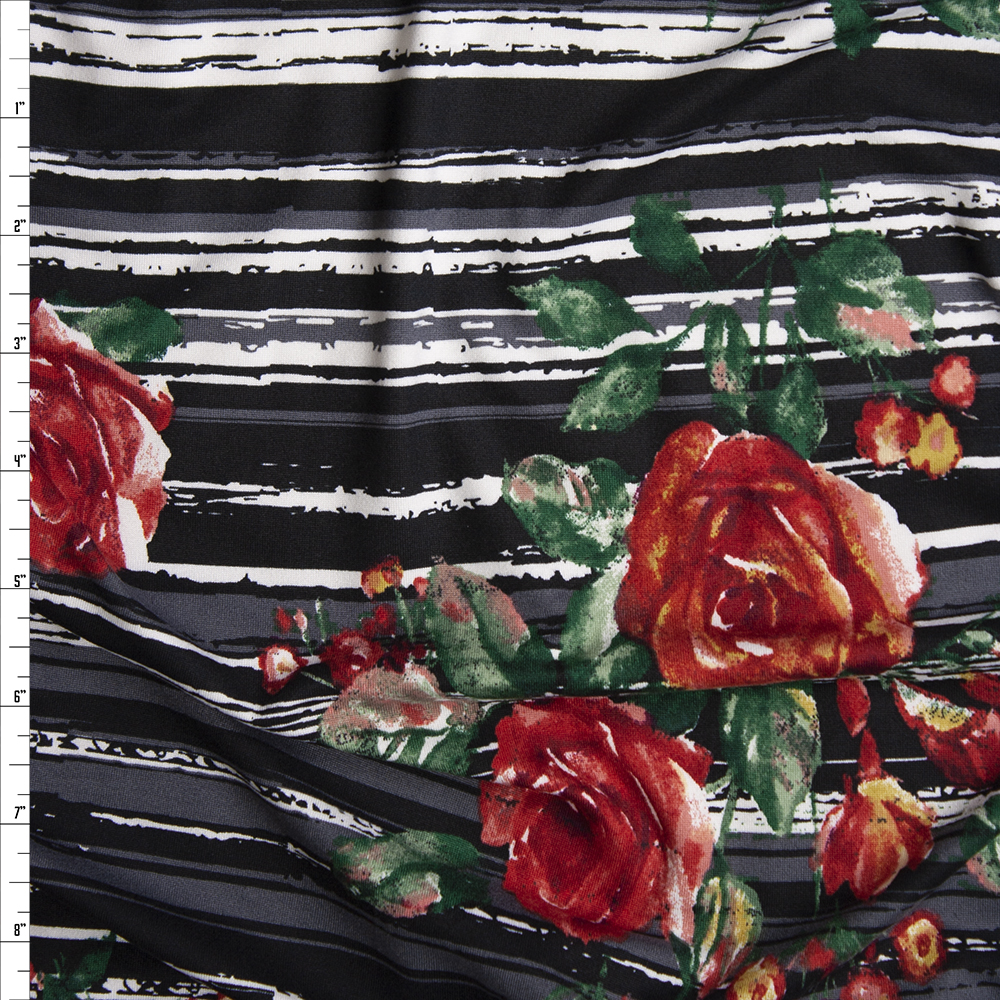Red and Green Rose Floral on Grey, Black, and White Grunge Stripes Double Brushed Poly Spandex Knit Fabric By The Yard